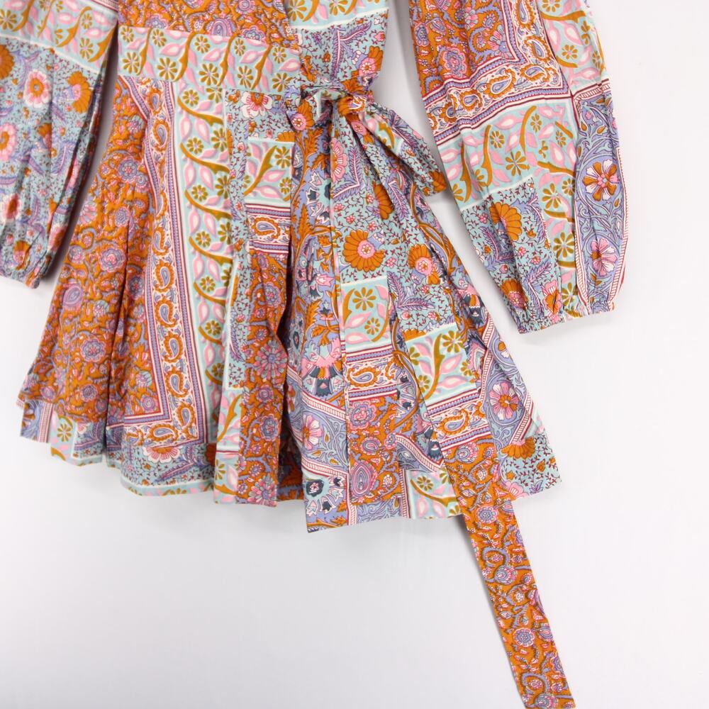 Mille Nan Wrap Dress Womens S Multicolor Floral Long Sleeve Cotton V Neck Mini - Picture 5 of 10
